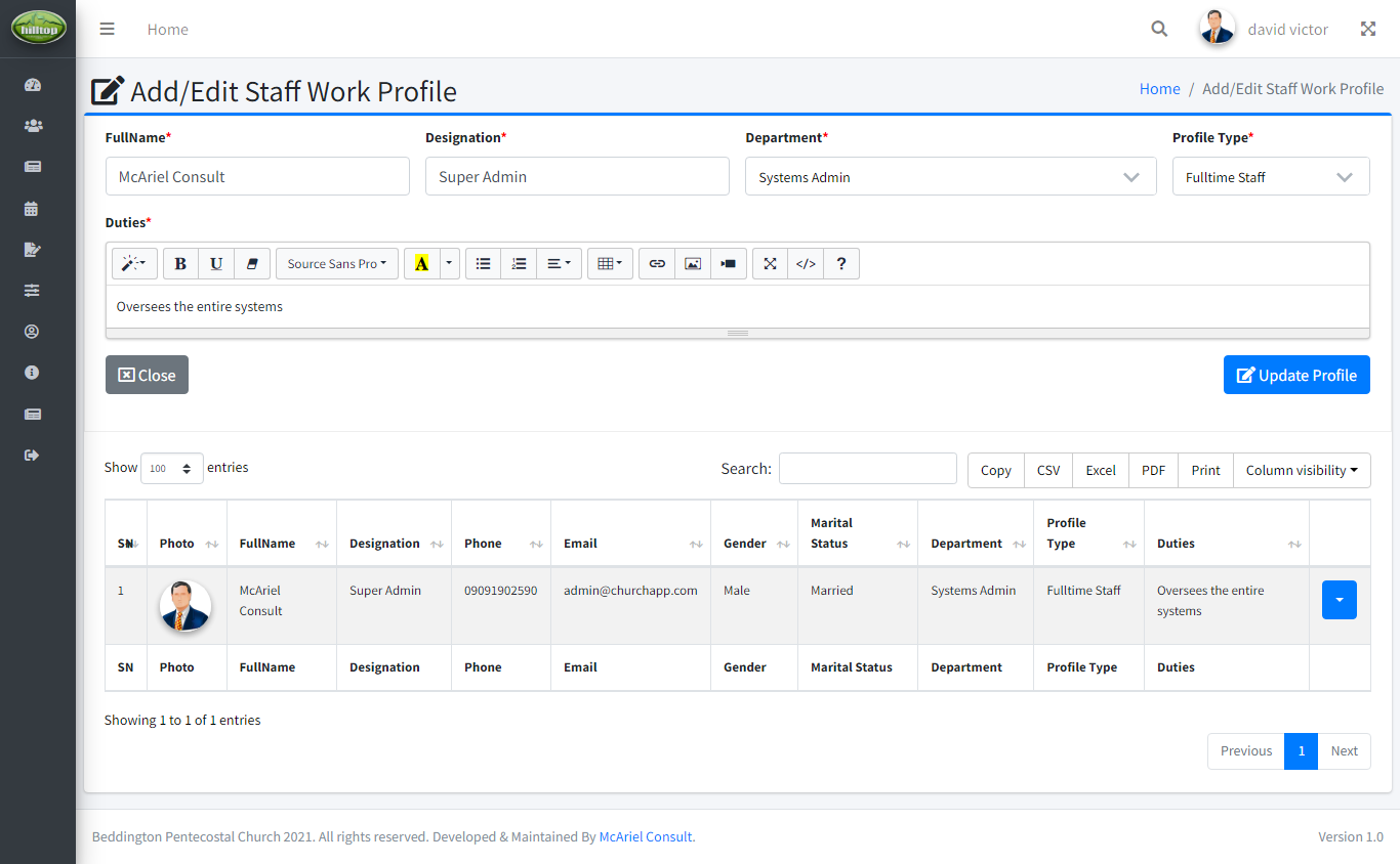 AddEdit Staff Work Profile Add/Edit Staff Work Profile